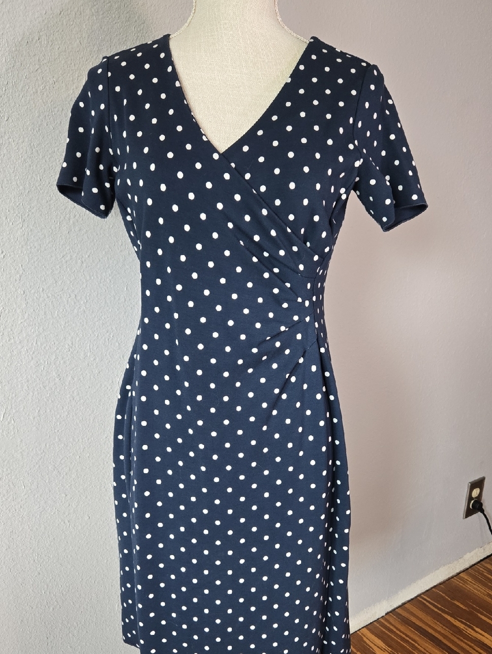 Lands' End Navy and White Polka Dot Midi Wrap Dress